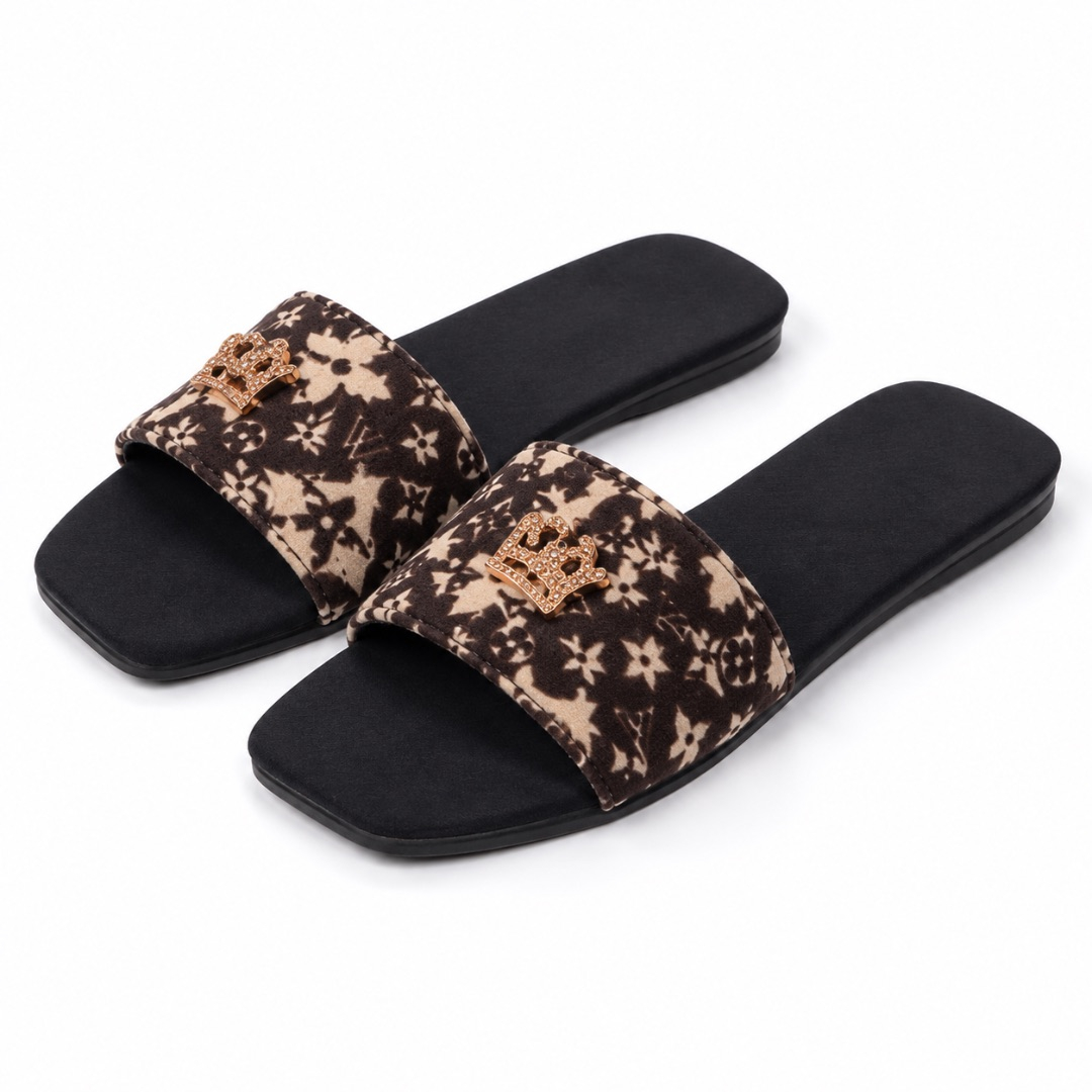Womens Black Monogram Print Slide Sandals